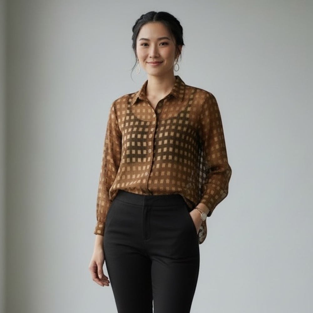 Alison Daley Petites Brown Sheer Grid Blouse Metallic Detail